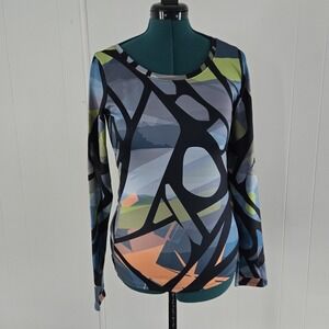 Ginger & Mary Ann Womens Bold Colored Art Deco Long Sleeve Activewear Shirt M